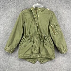 GAP Kids Jacket Girls Small 6-7 Olive Hooded Parka Faux Fur‎ Trim Utility Anorak